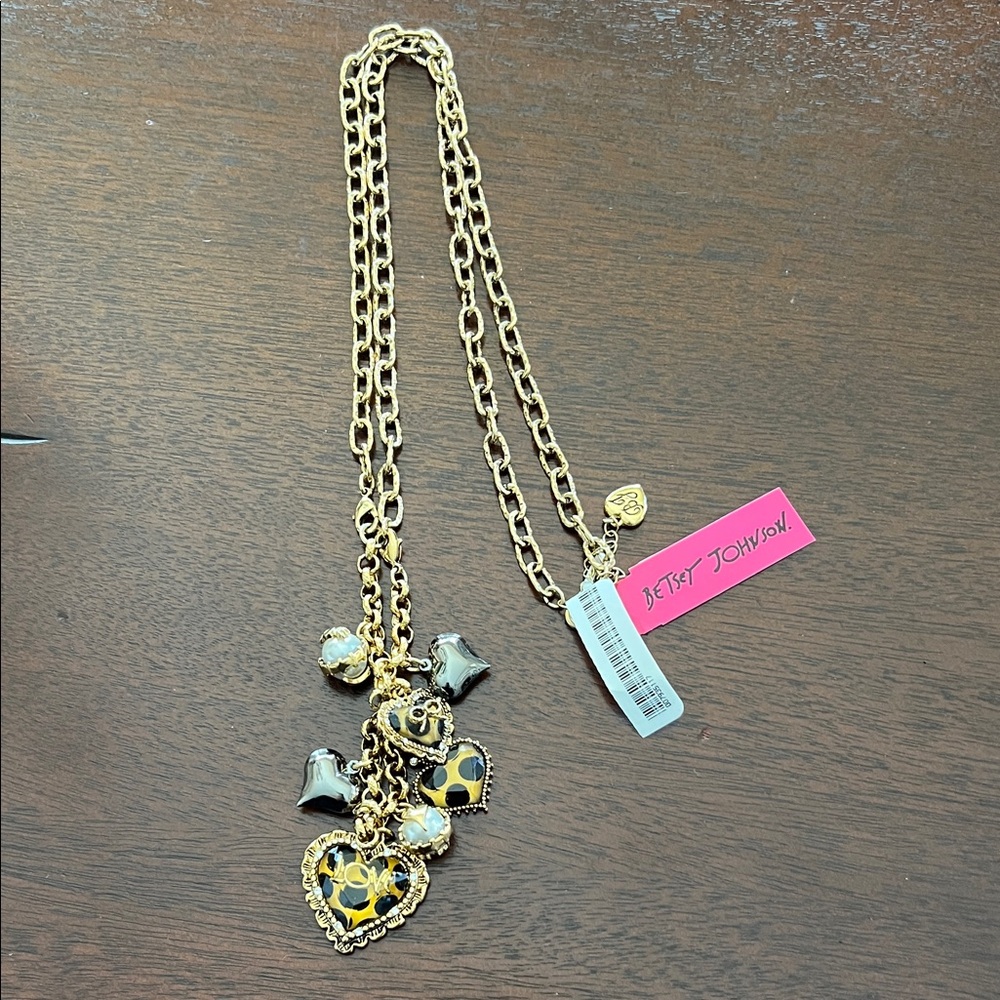 Betsey Johnson Gold Necklace with Black Heart Charms